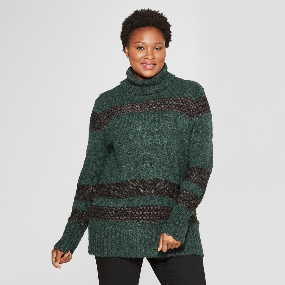 Green Striped Turtleneck Sweater